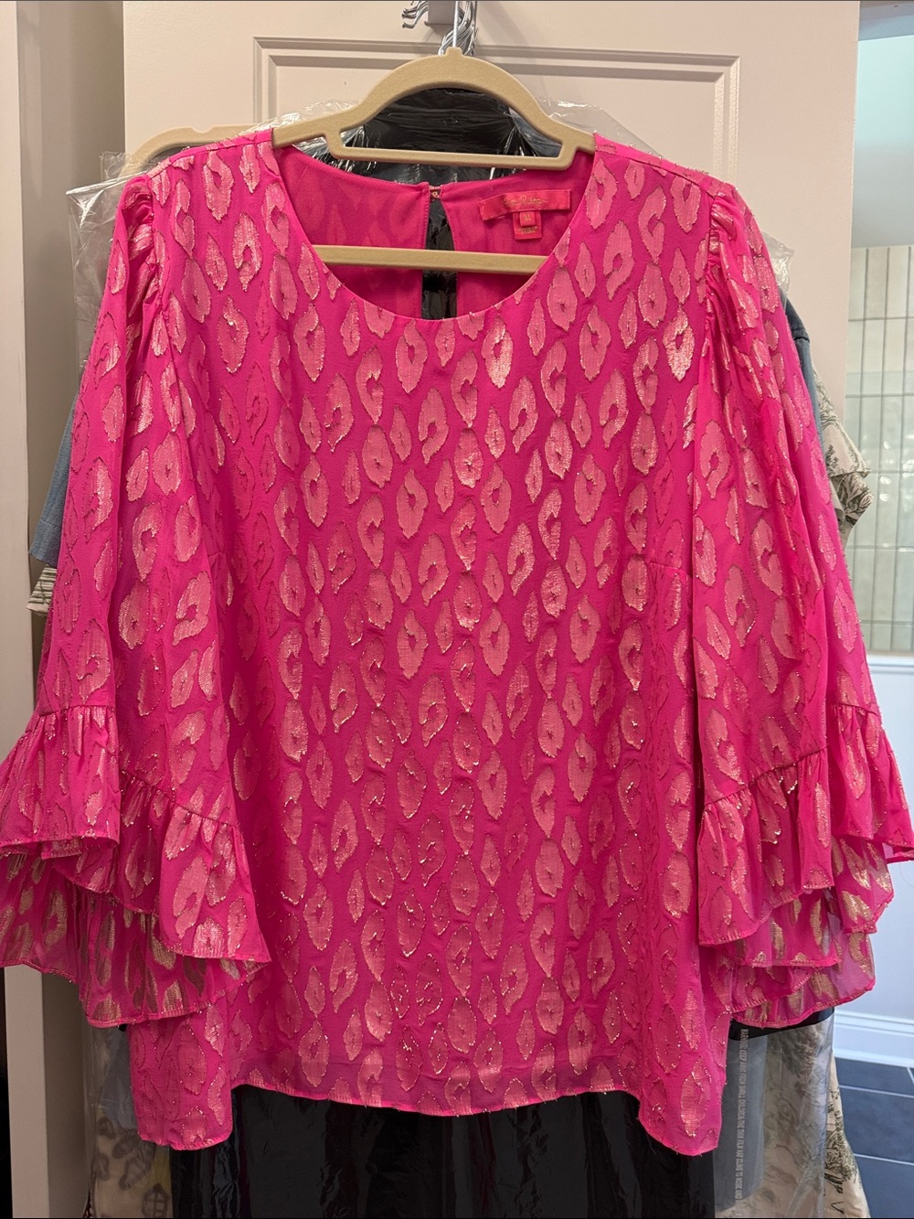 Lilly Pulitzer Hot Pink Metallic Ruffle Sleeve Blouse